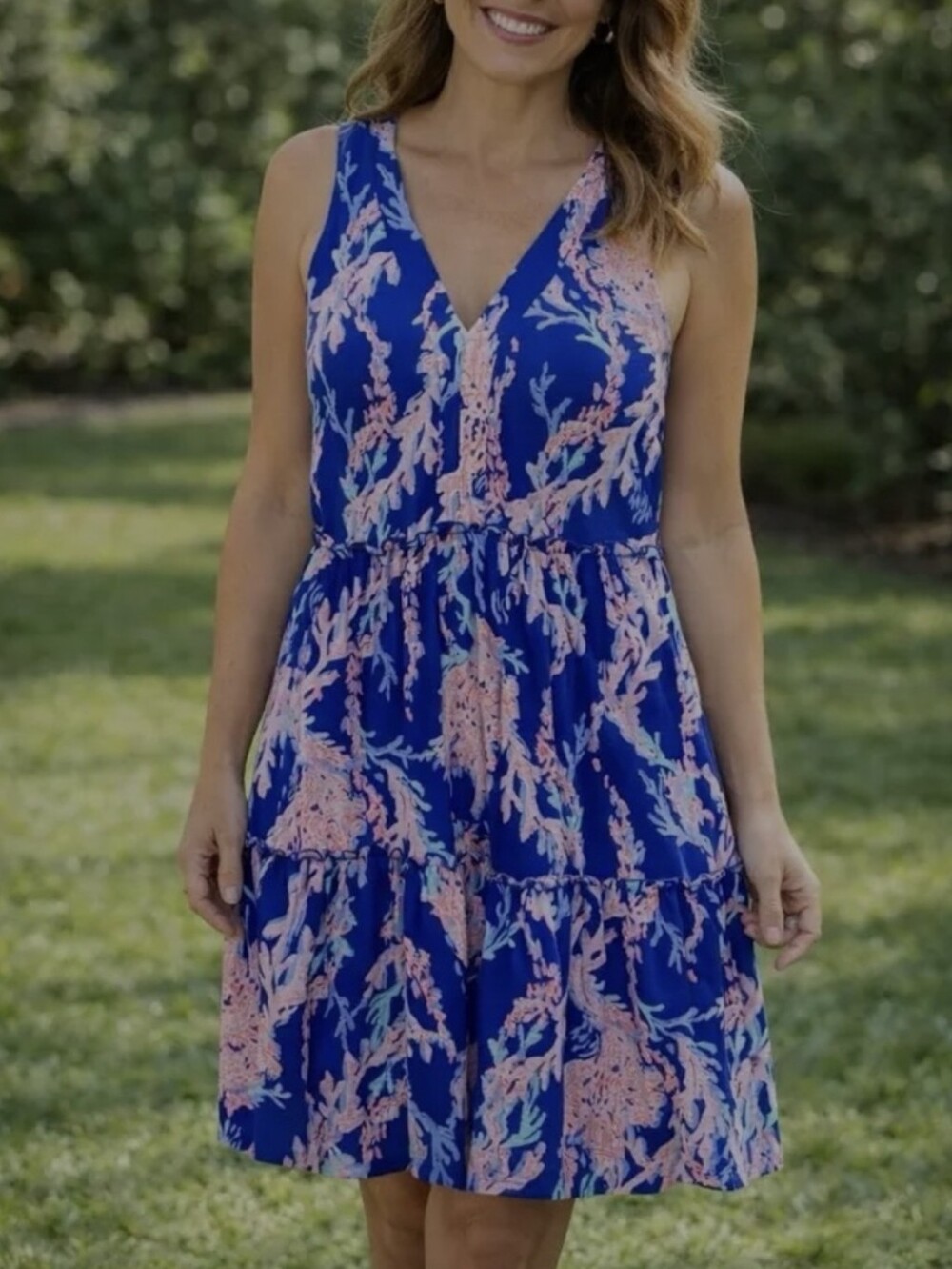Lilly Pulitzer Blue and Pink Floral Midi Dress. Size L